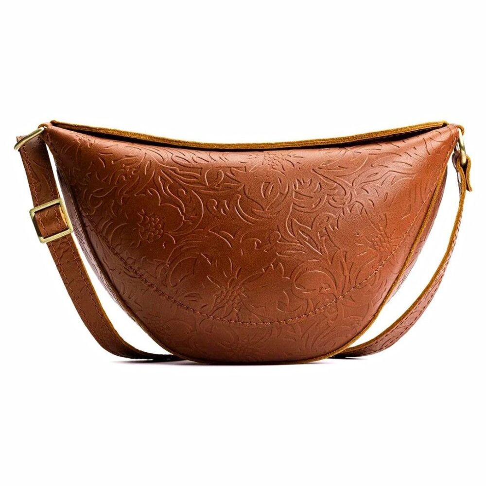 Portland Leather Goods Brown Medium Koala sling Embossed Floral Crossbody Bag